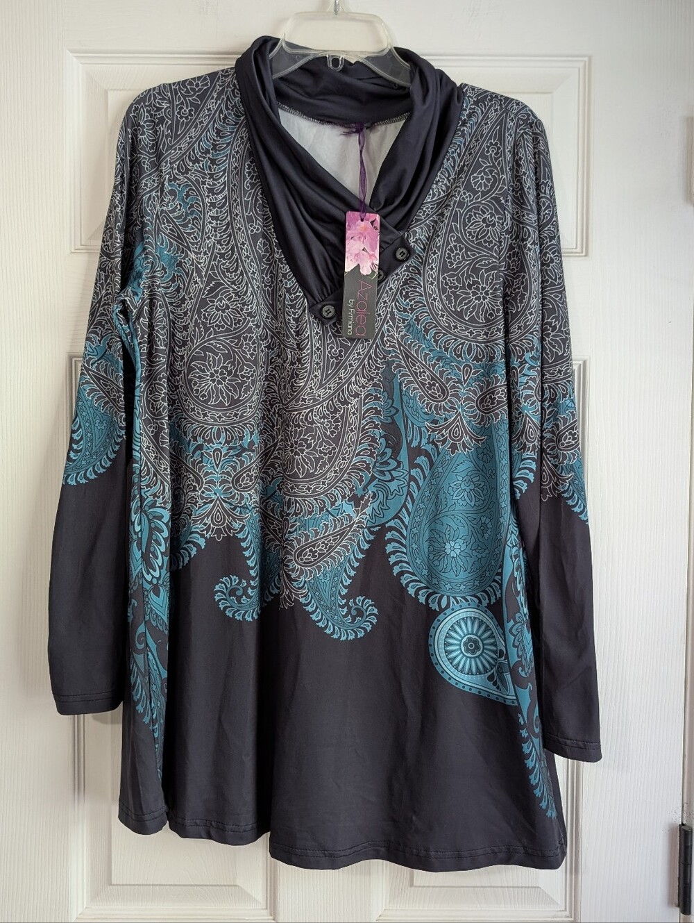 NWT Azalea By Firmiana Gray & Teal Paisley Cowl-Neck Long-Sleeve Tunic Size XL